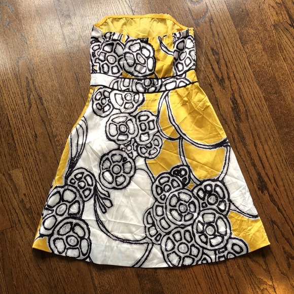 Limited Abstract Yellow Bodice Satiny Shiny Strapless Cocktail Dress - Picture 6 of 8